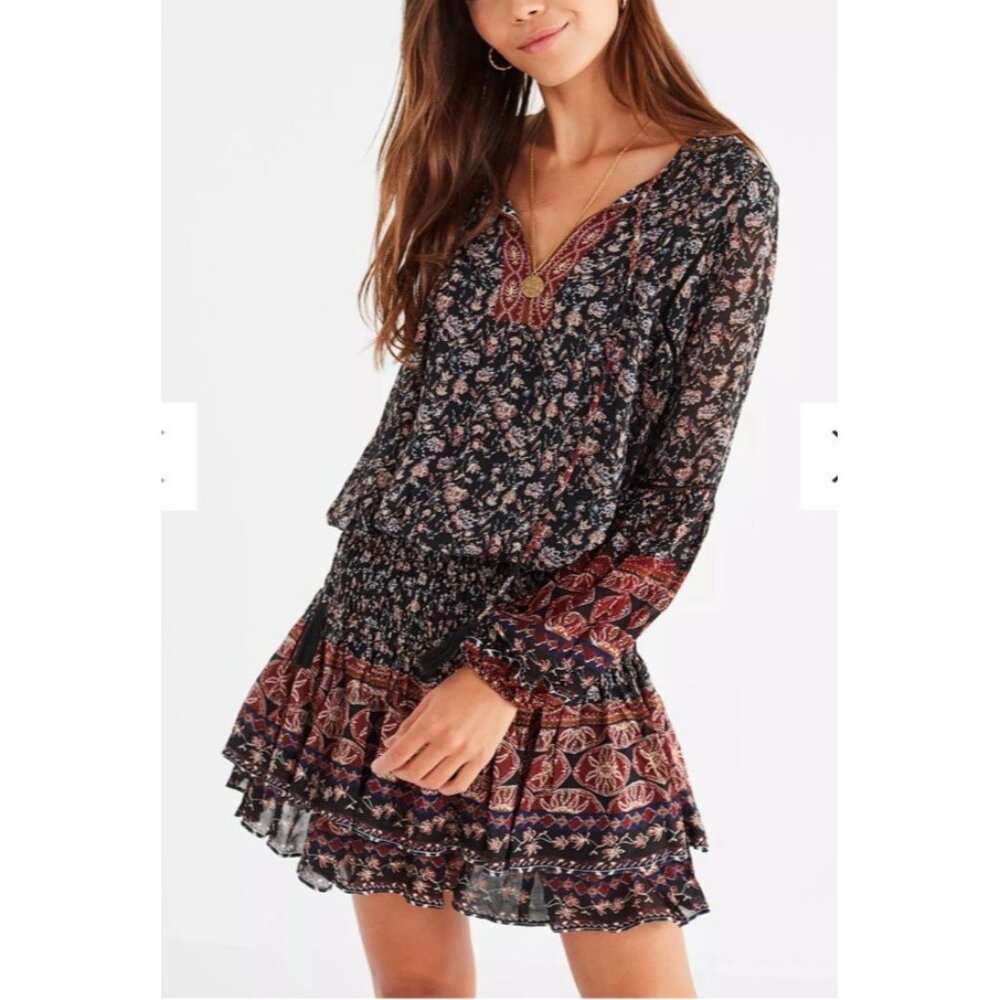 ASTR The Label Balloon Sleeve Printed Tiered Midi Chiffon Dress Brown Sz L #1523